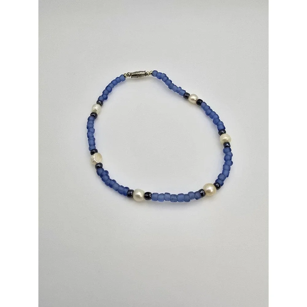 Vtg GENUINE Freshwater Pearl & Blue Frosted Seed Bead Anklet FREE $HIPPING!!
